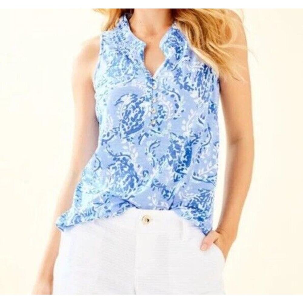 Lilly Pulitzer Essie Blue Peri Turtly Tank Tunic Top Smocked Beach XS